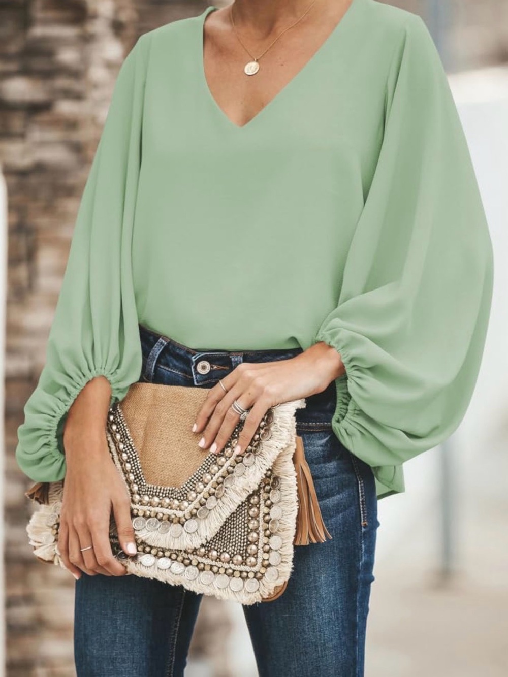 VICI Sage Green V-Neck Blouse with Ruched Balloon Sleeves